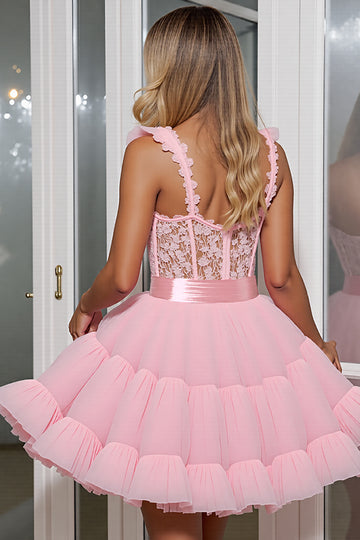 Light Pink Tulle Corset Appliqued A Line Short Homecoming Dress